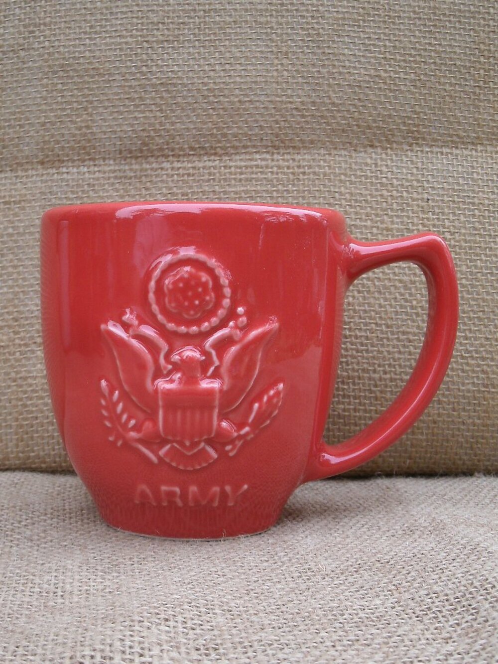 Vintage Hall Pottery US Army Crest Mug Coral Red